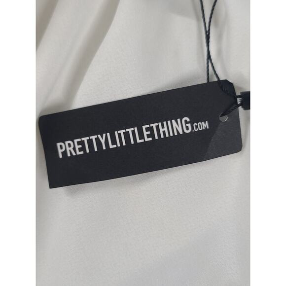 Pretty Little Thing White Satin Bardot twist front crop top women's blouse Sz 2 - Picture 12 of 12